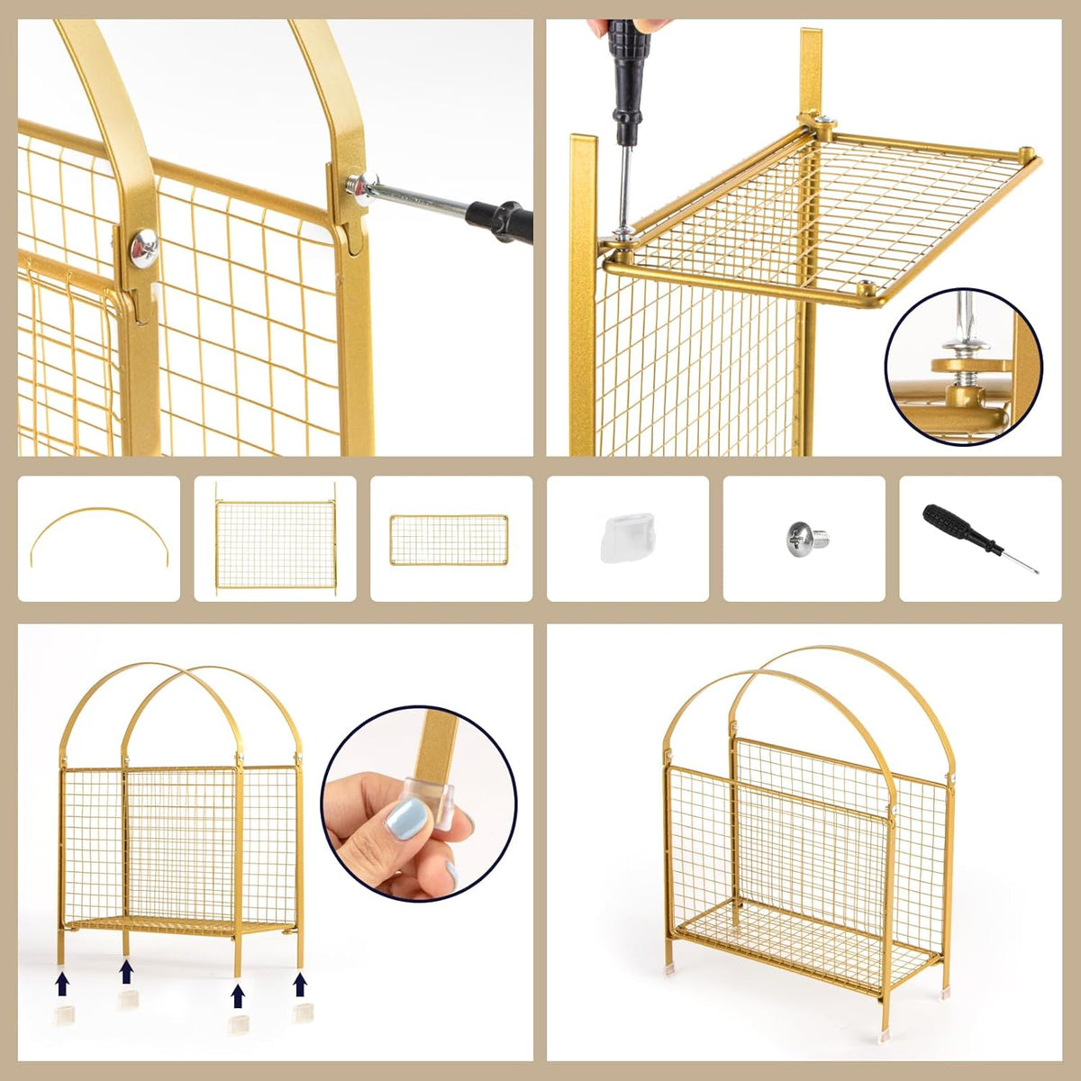 Layout of product components showing gold metal parts, clear rubber feet, screws and a screwdriver for assembly
