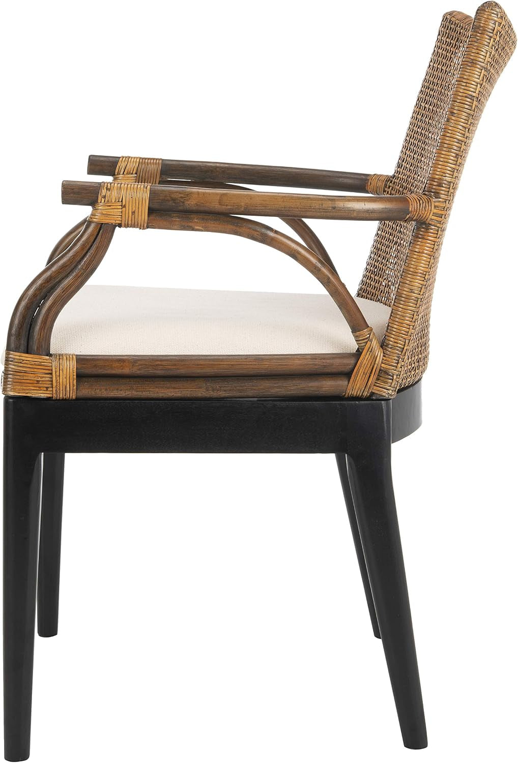 Side profile of rattan arm chair showing curved mahogany arms and black base