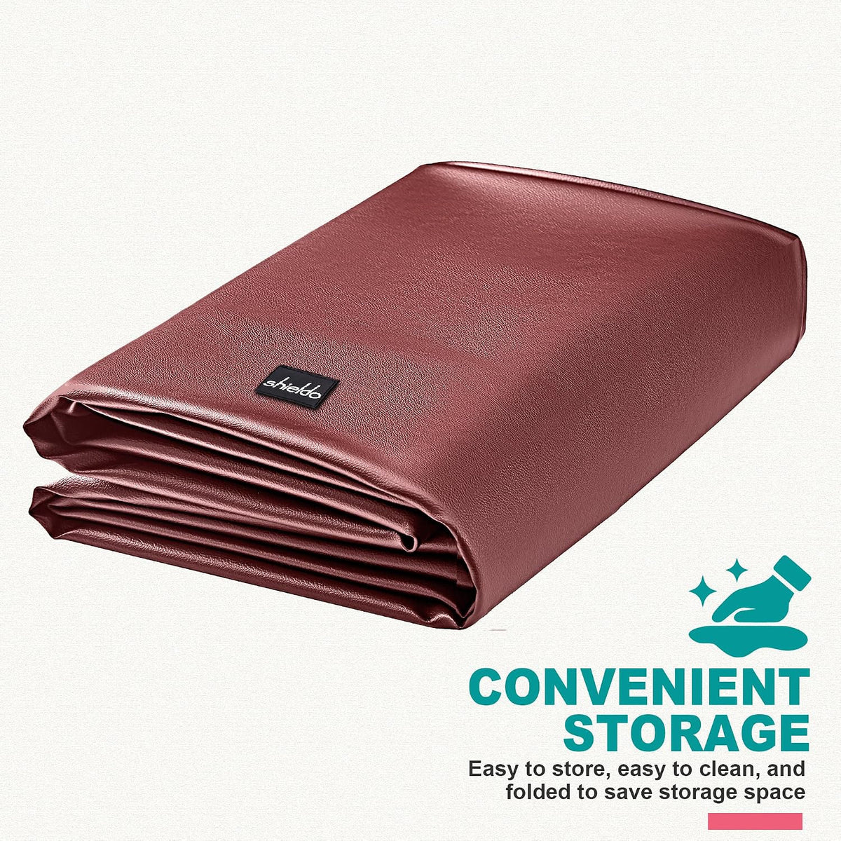 Folded burgundy leatherette cover with a small sewn label visible on the top fold.