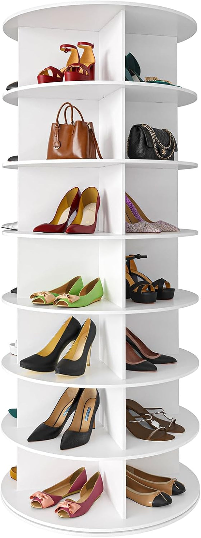 Close-up vertical view of the white rotating shoe rack showing multiple tiers stocked with shoes and handbags