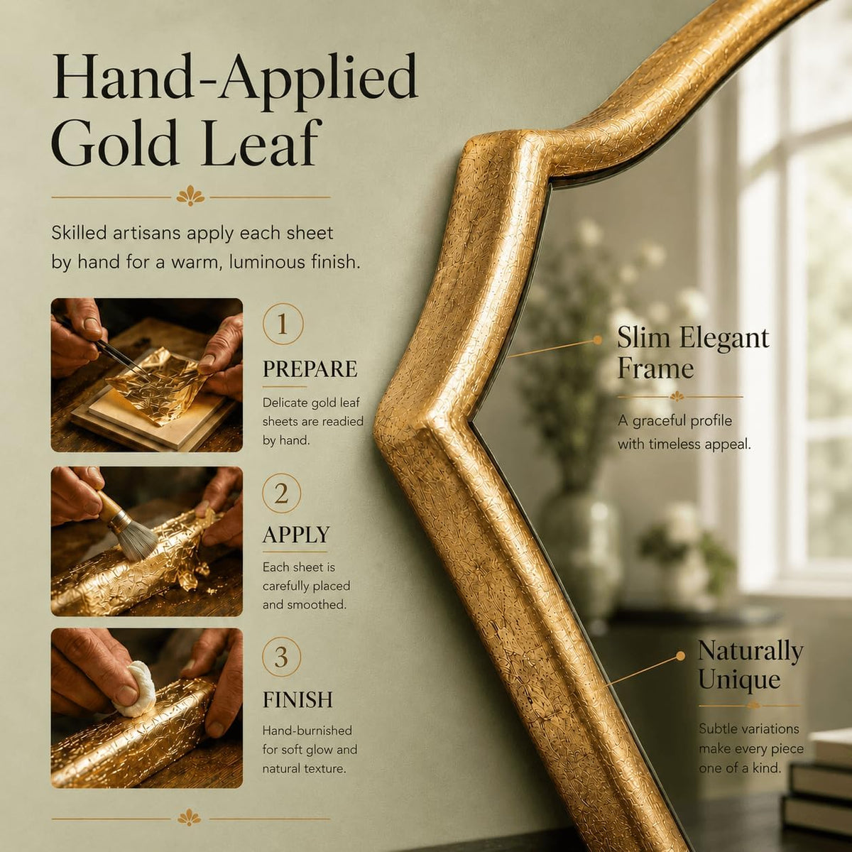 Close-up of textured gold frame edge with photos and text illustrating the hand-applied gold leaf process