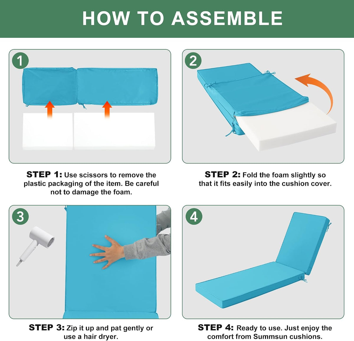 Four-step illustrated assembly: insert foam into cover, fold to fit, zip and pat dry, finished blue chaise cushion shown.