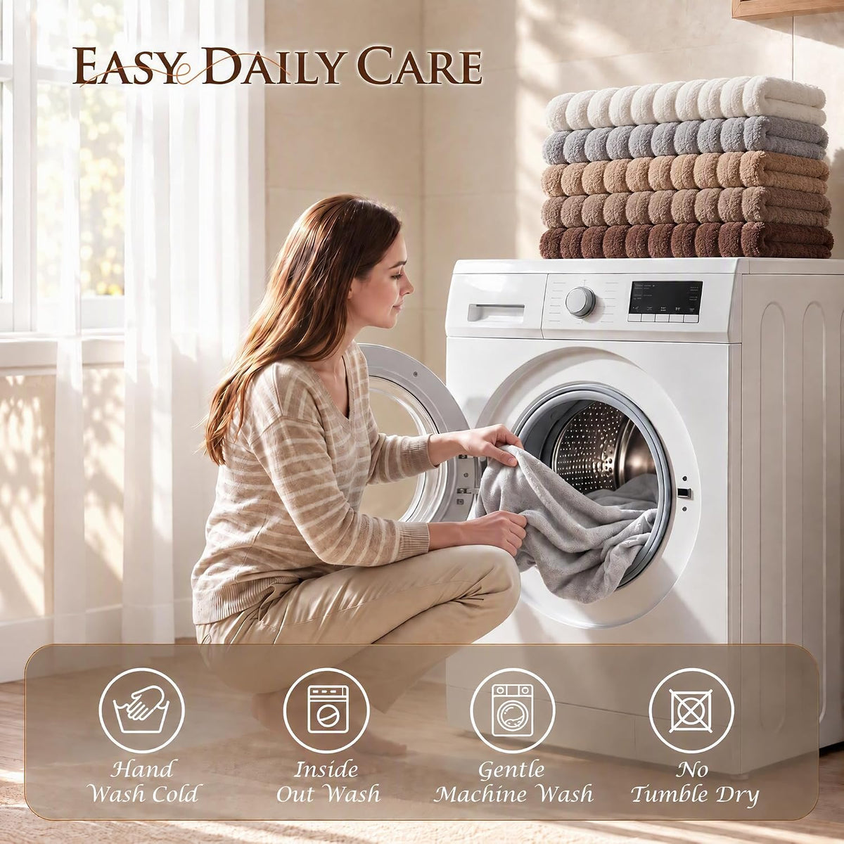 Woman loading a washing machine with towels stacked on top and laundry care icons overlaid