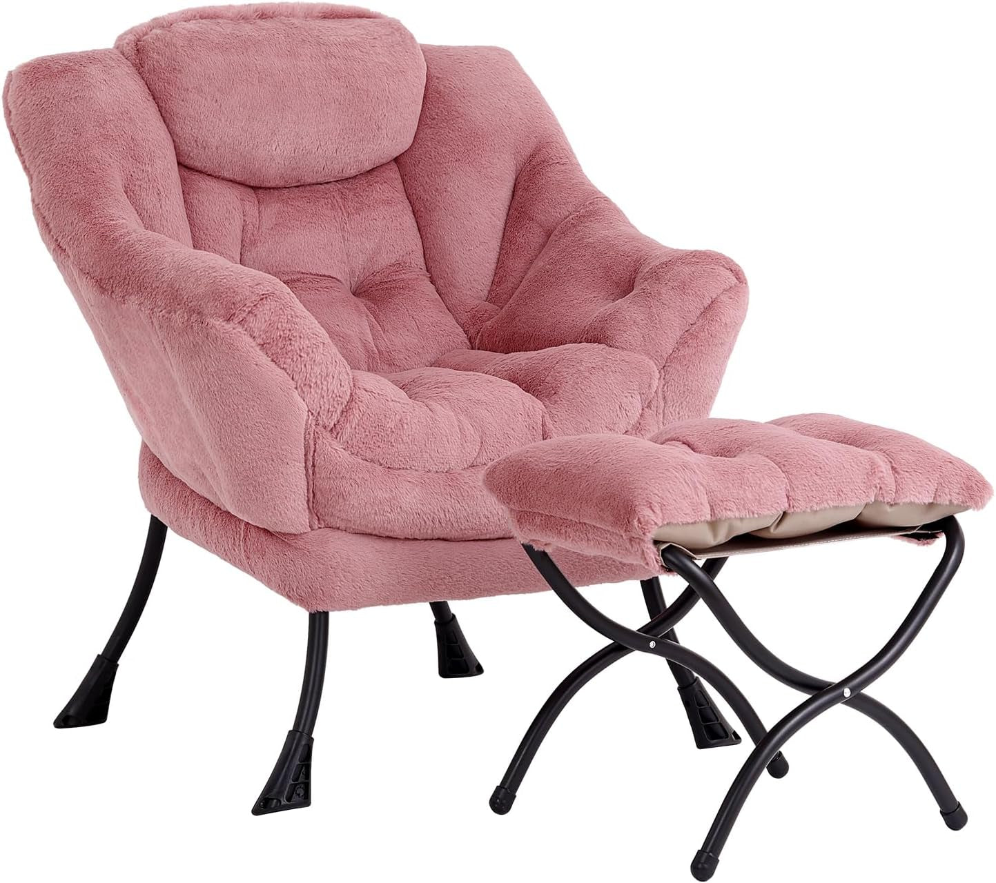 Three-quarter view of a dusty rose plush lounge chair paired with a cushioned foldable ottoman on X-shaped legs.