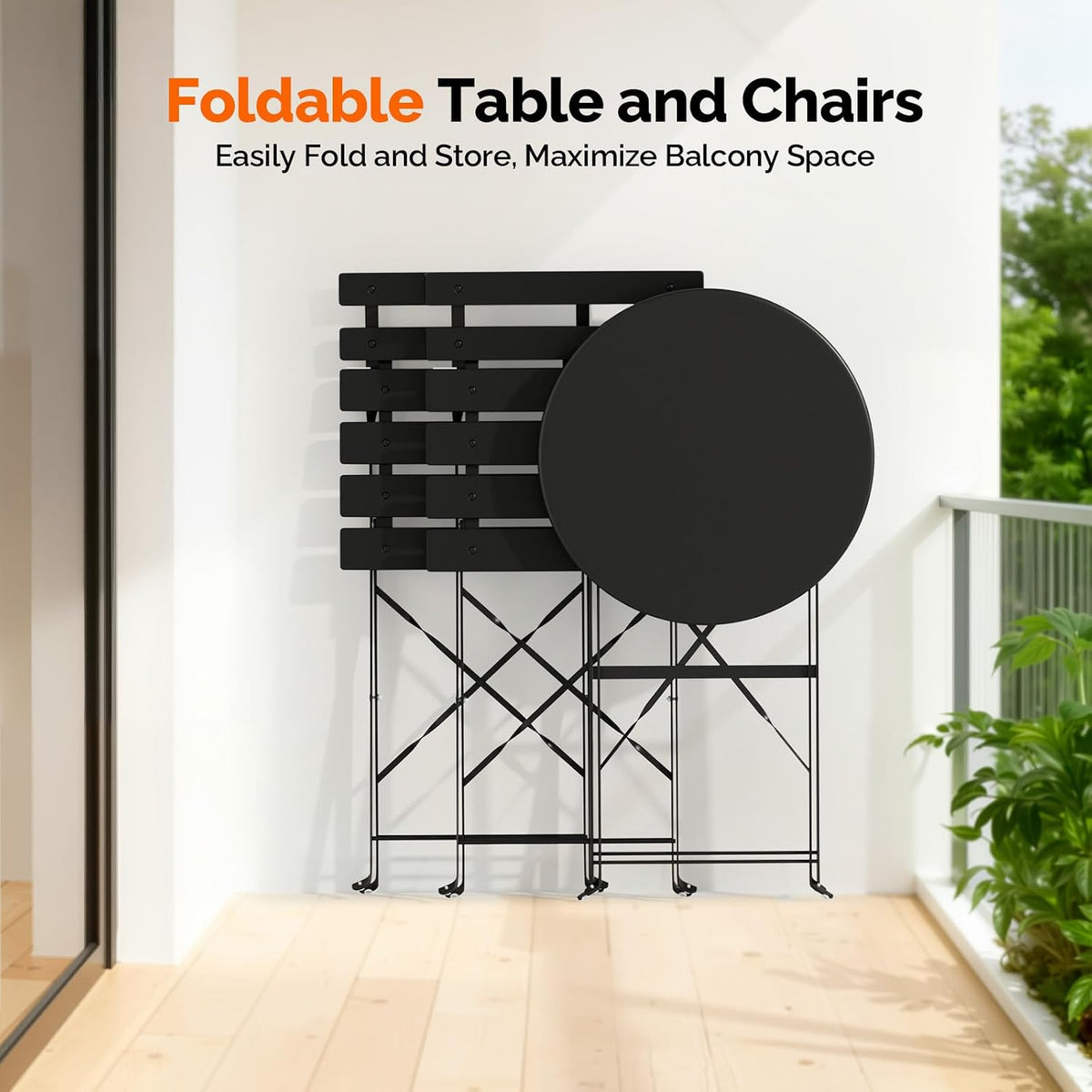 Folded black table and two folded chairs stored upright against a wall, compact storage view
