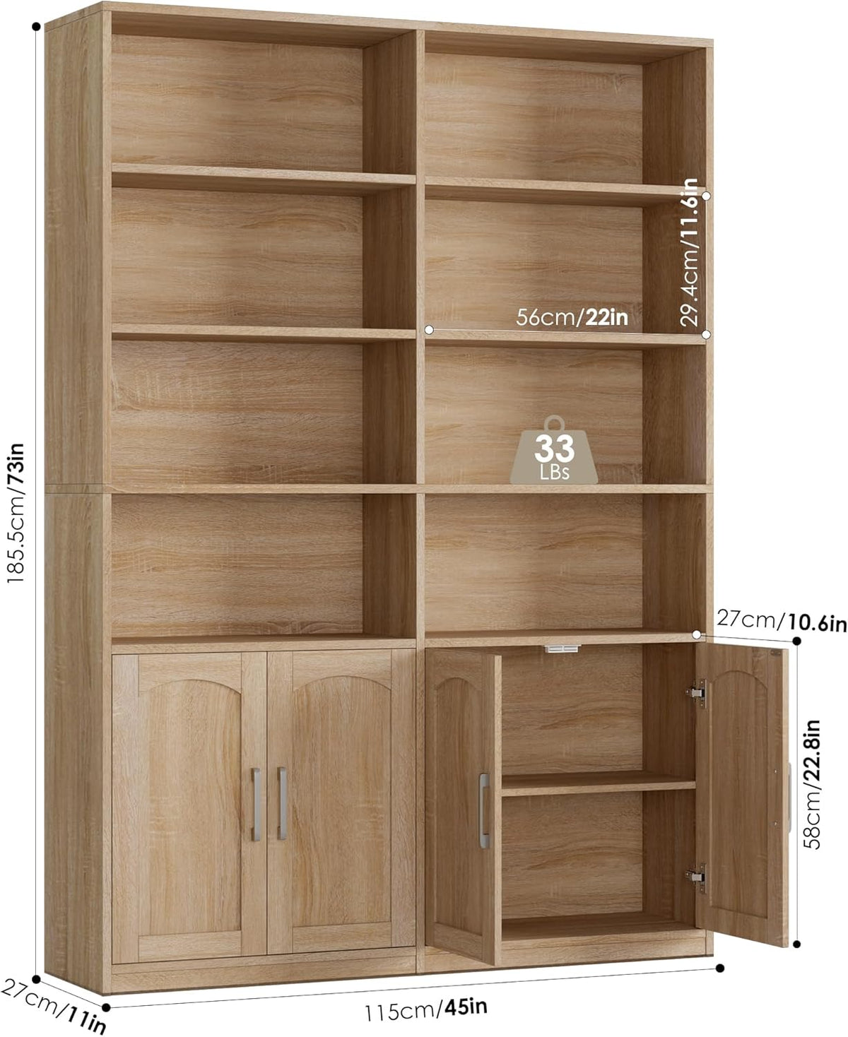 Front view of the bookshelf with on-image measurement callouts and one lower cabinet door shown open