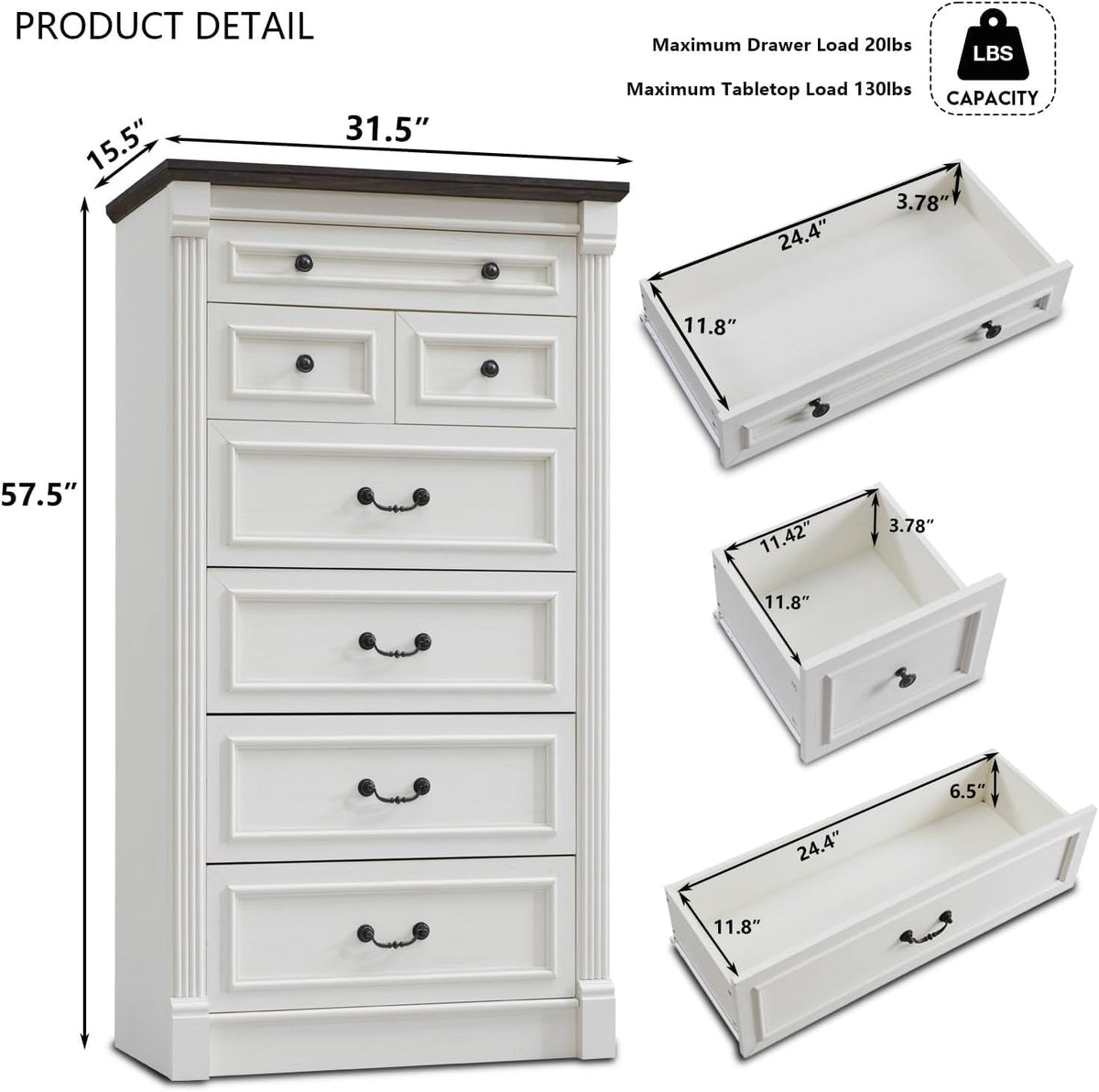 White 7-drawer dresser front with annotated dimensions and internal drawer measurements displayed