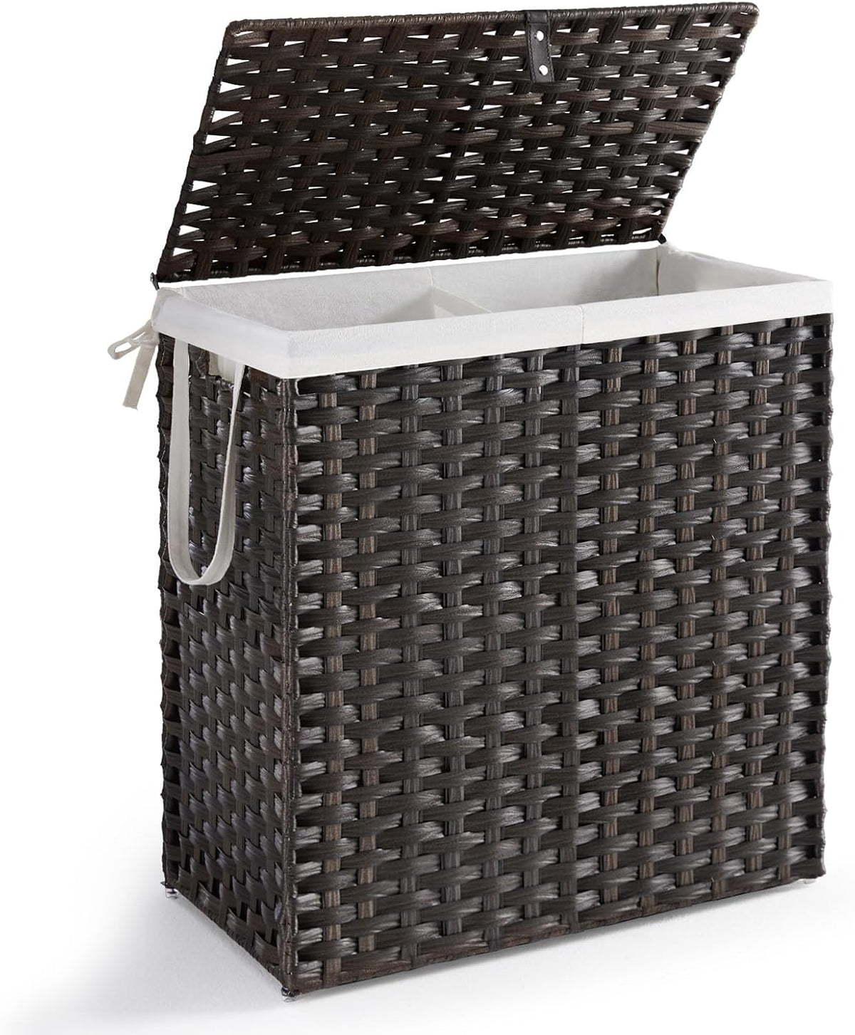 Front view of dark-brown hamper with lid open revealing two internal compartments and folded liner rim