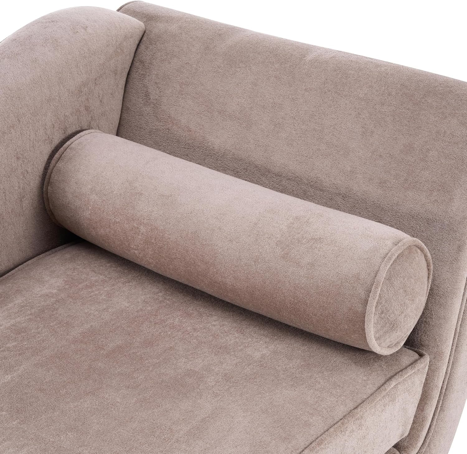 Close-up of the chaise showing the cylindrical bolster pillow and textured velvet upholstery