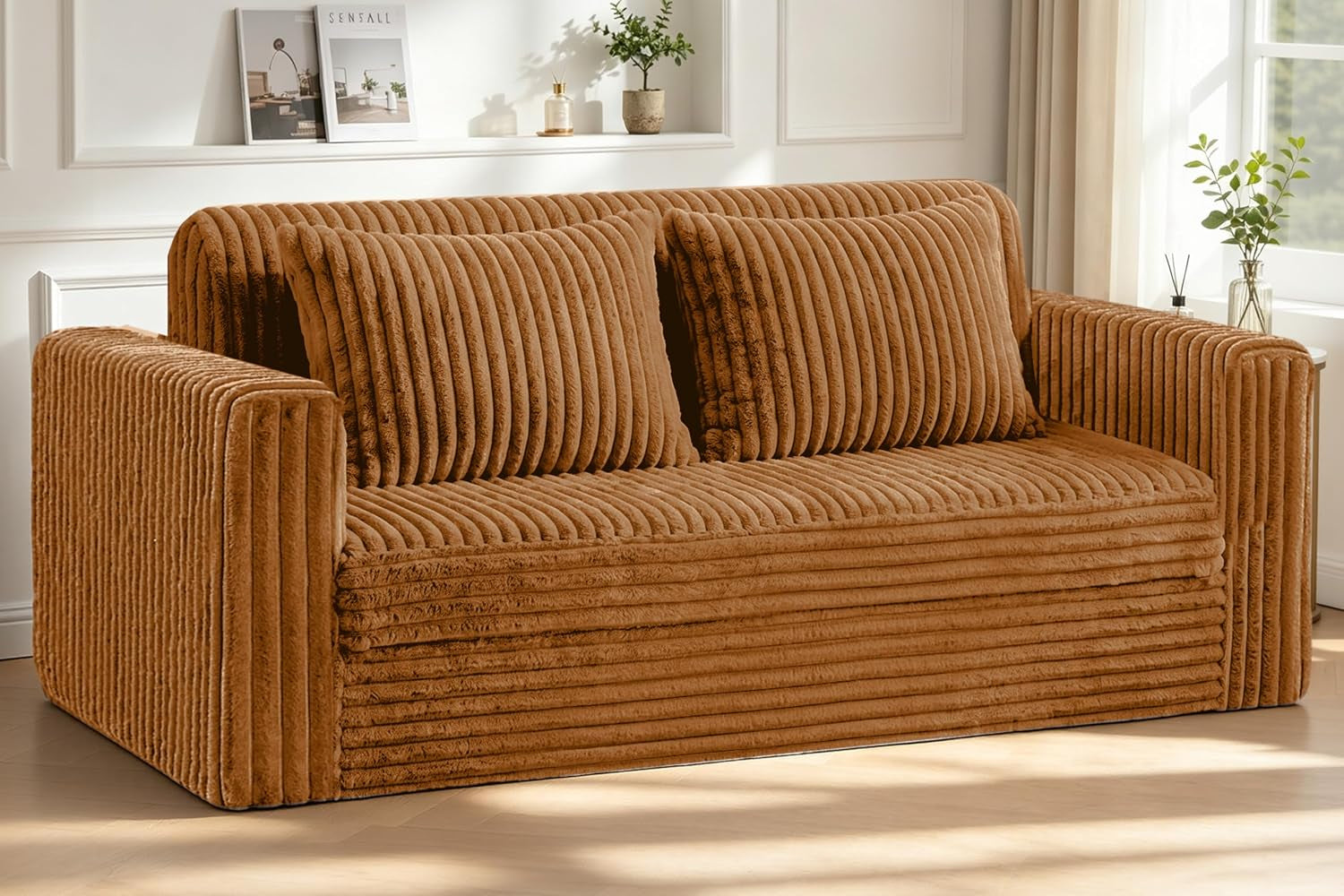 Front view of a ribbed plush brown loveseat with two back cushions in a sunlit room.