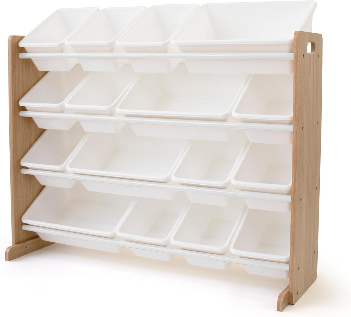 Angled view of the organizer with white bins and natural wood finish side panels.