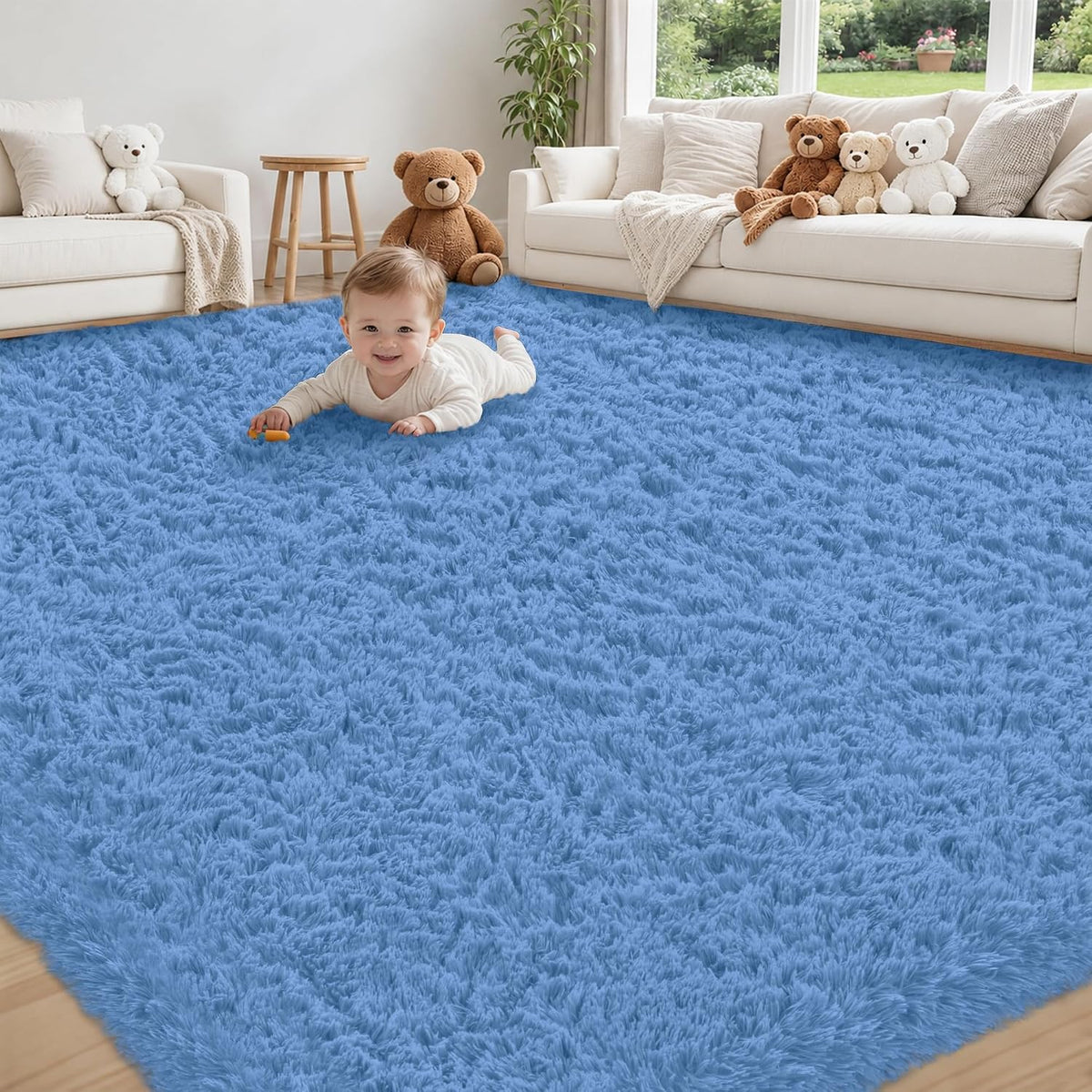 Smiling baby on a bright blue fluffy shag rug in a living room with stuffed bears on the sofa.