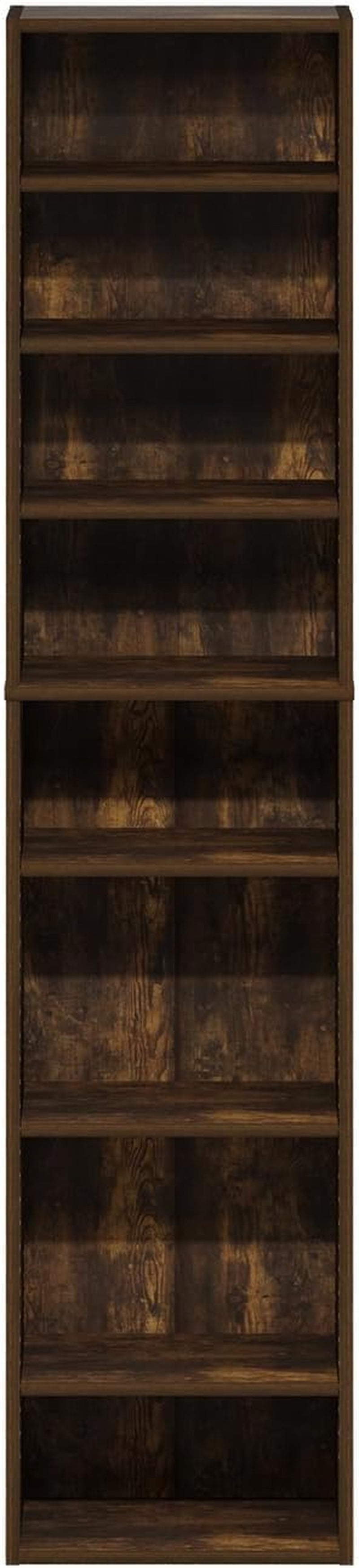 Close-up front view of the Amber Pine finish media tower showing its eight evenly spaced shelves