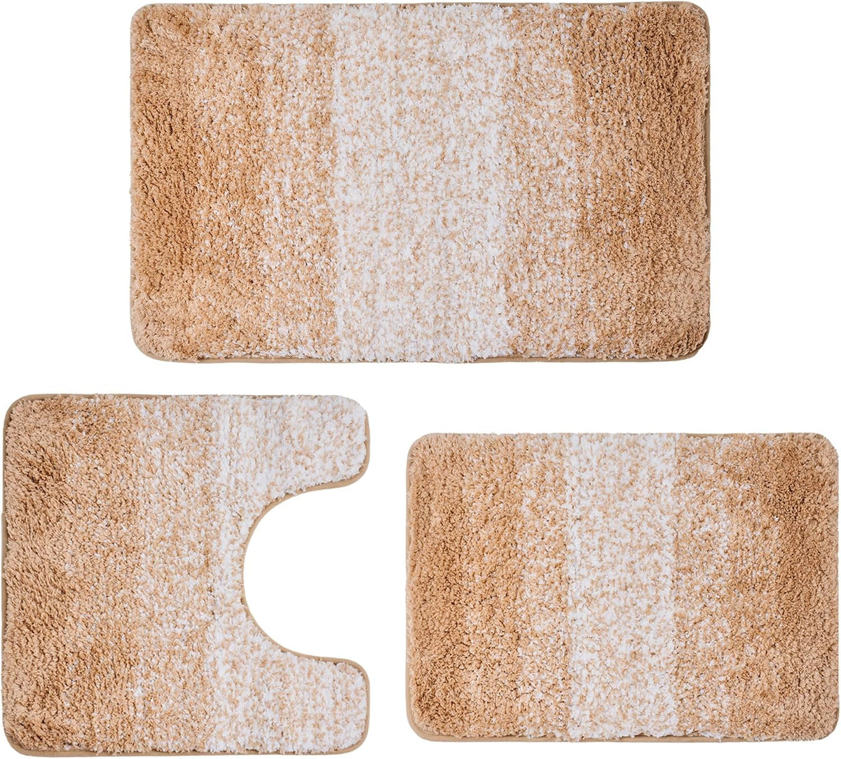 Top-down view of a three-piece beige and white striped bath rug set arranged flat.