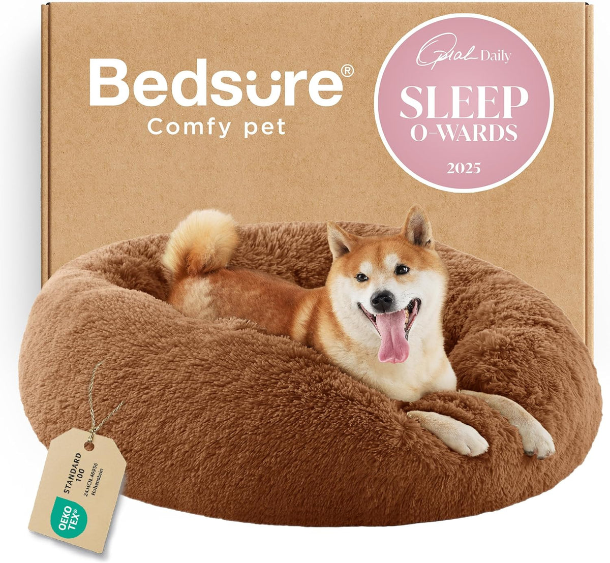 Front view of a caramel-brown round faux-fur donut bed with a happy panting dog reclining in the rim