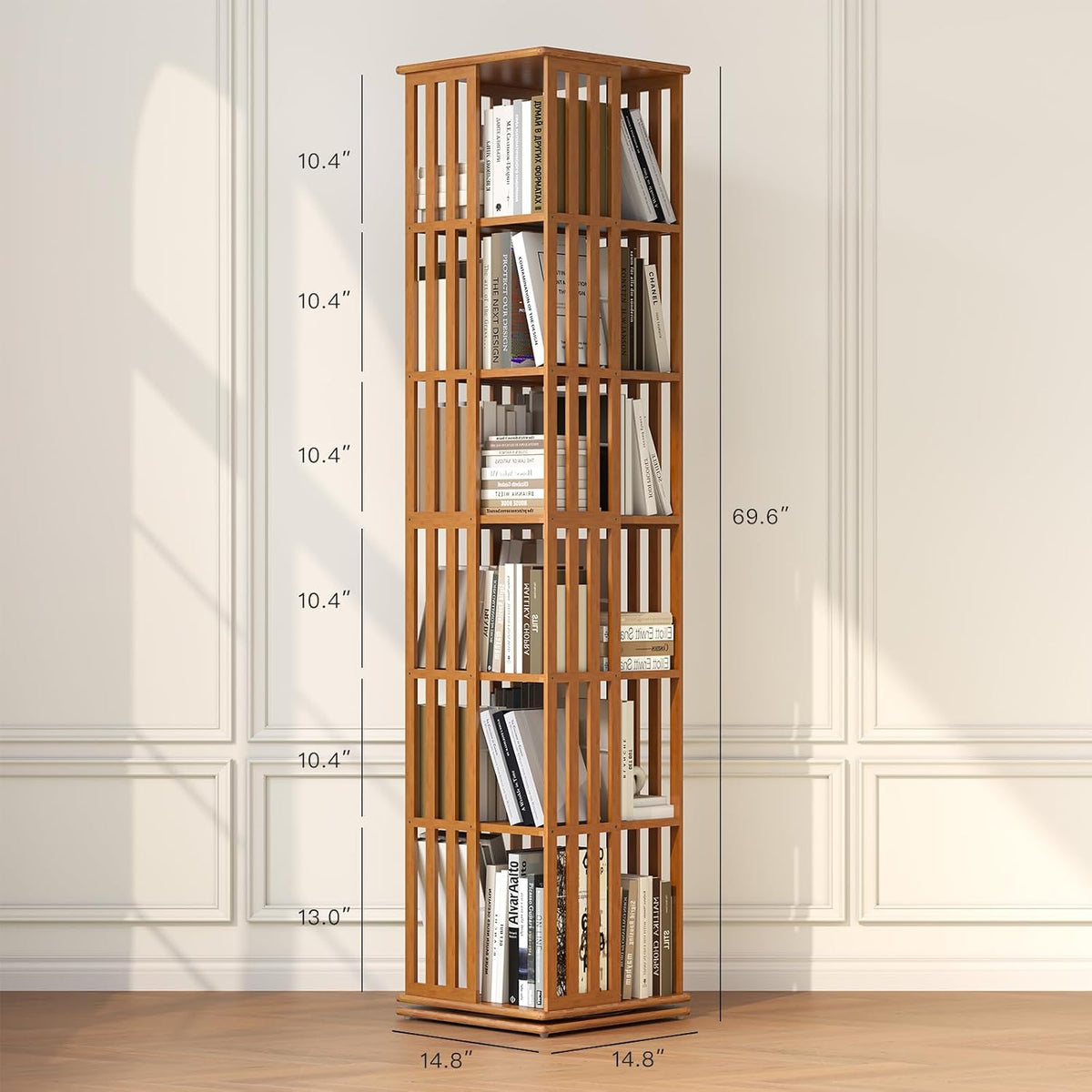 Rotating bamboo bookcase tower with dimension markings showing shelf spacing and overall height