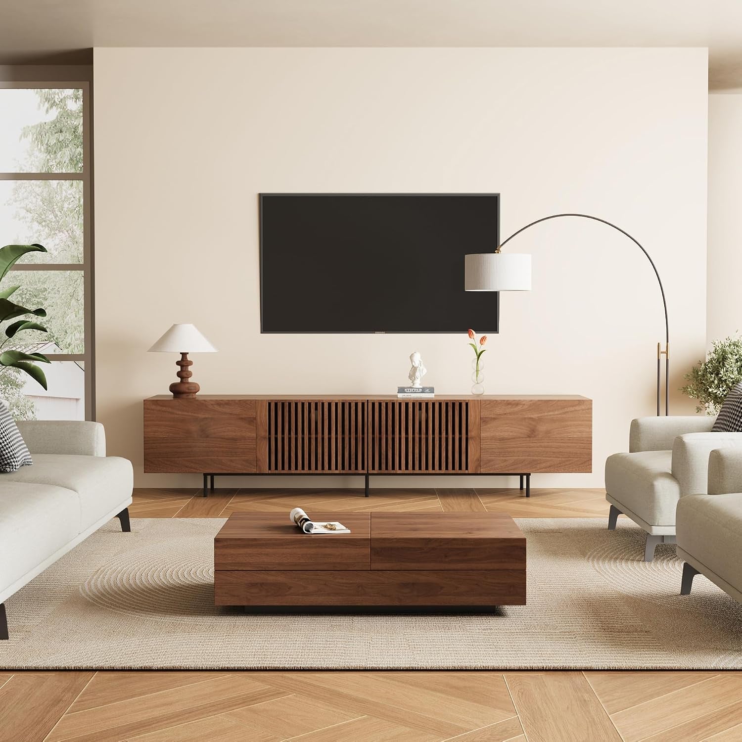 Brown TV stand with two slatted center doors below a wall-mounted TV in a bright living room.