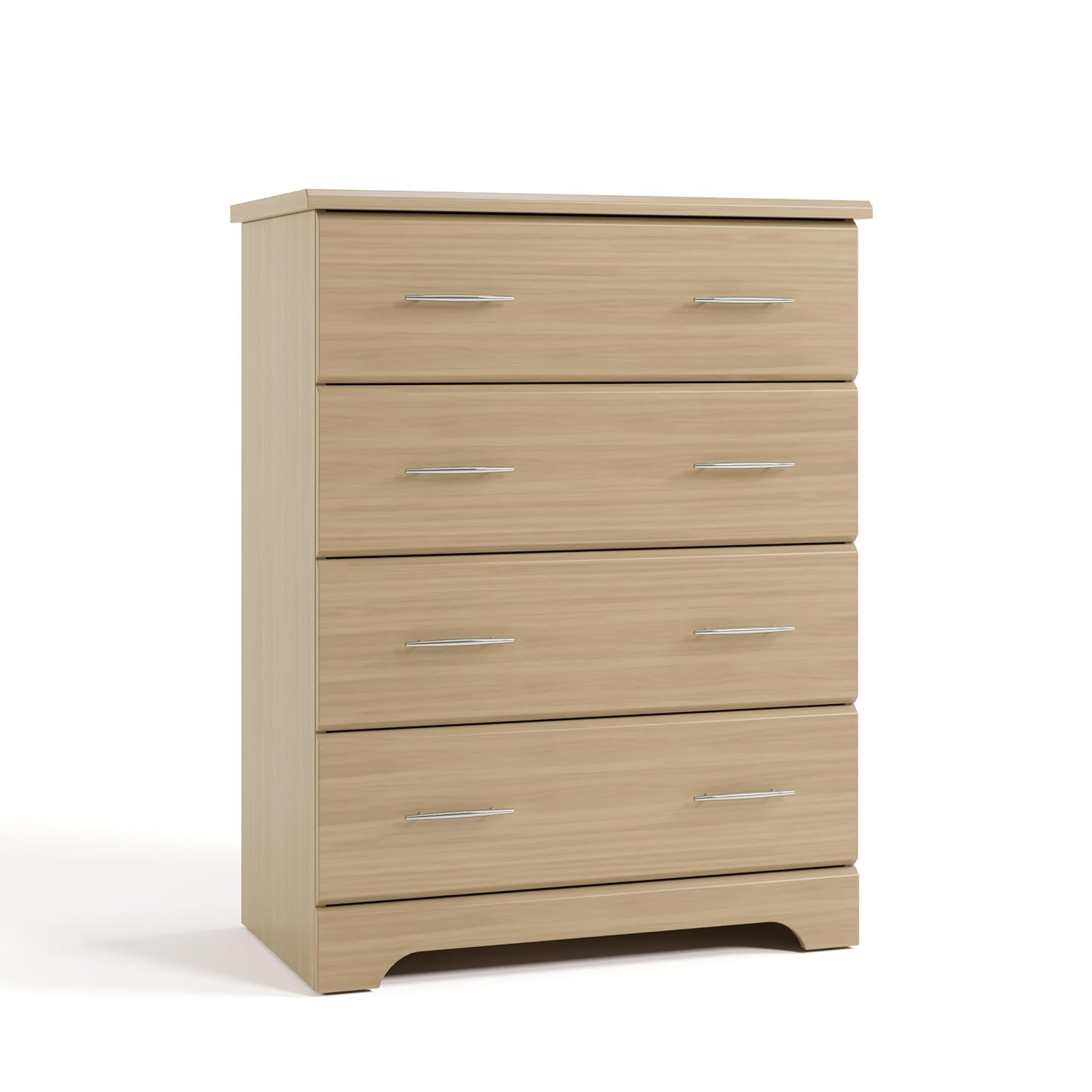 Light natural wood–finish tall dresser with four drawers shown at a slight left angle on white background.