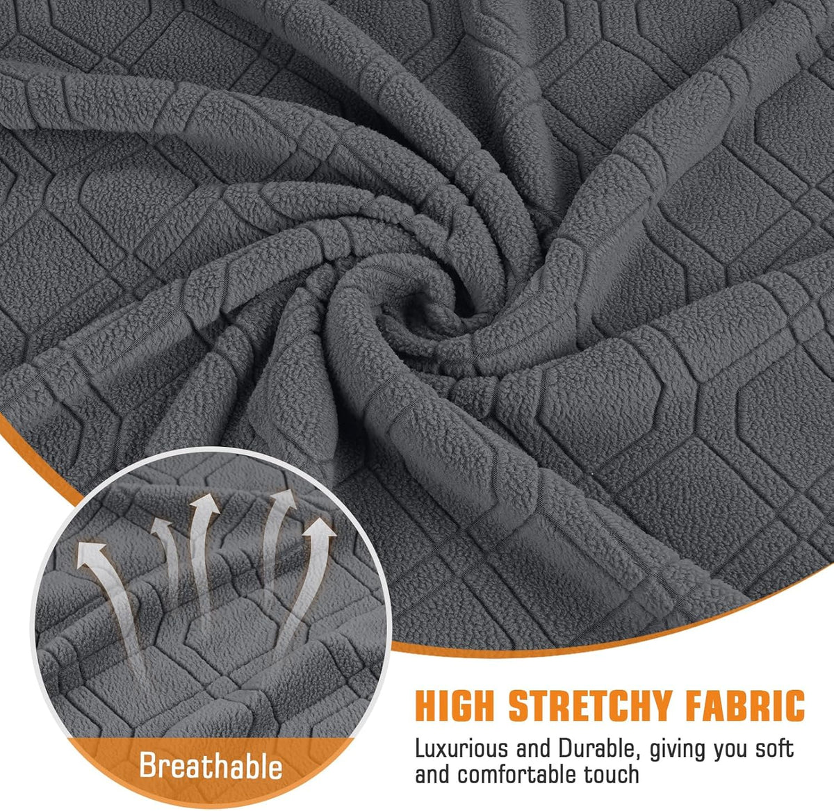 Close-up of dark gray quilted, high-stretch fabric texture highlighting breathable surface