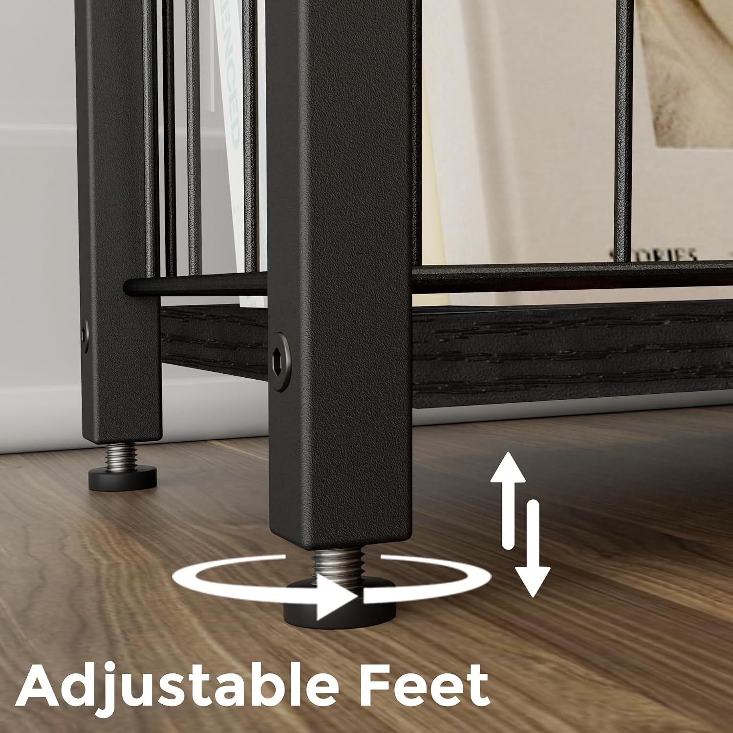 Close-up of a black metal leg with a threaded adjustable foot and rotation/vertical arrows on a wood floor.