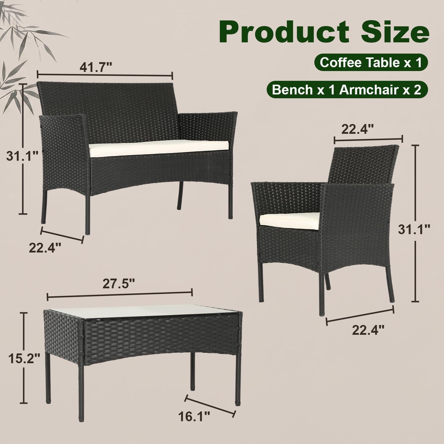 Diagram of the loveseat, chair and coffee table with measurement callouts around each piece