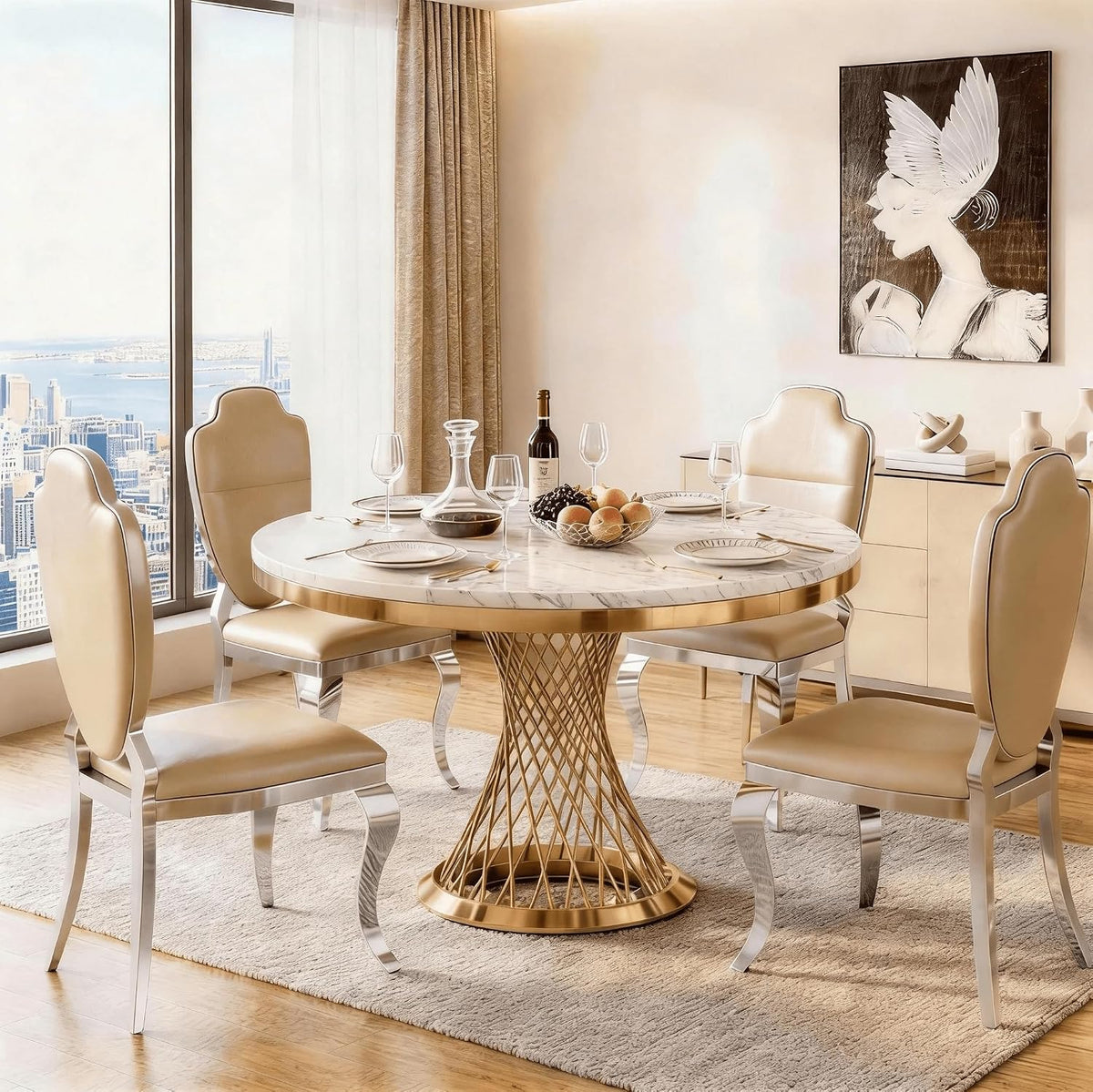Dining scene showing the 47" faux marble table with gold spiral base surrounded by four beige dining chairs