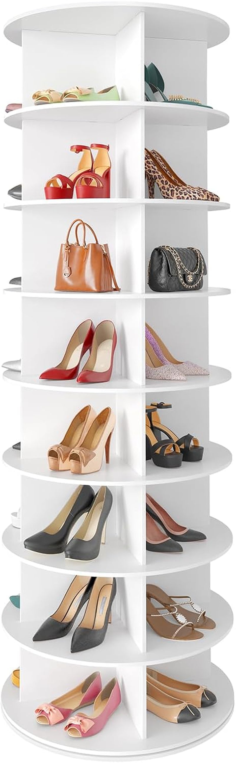 Tall front-facing studio image of the white rotating rack filled with pairs of shoes on every shelf.