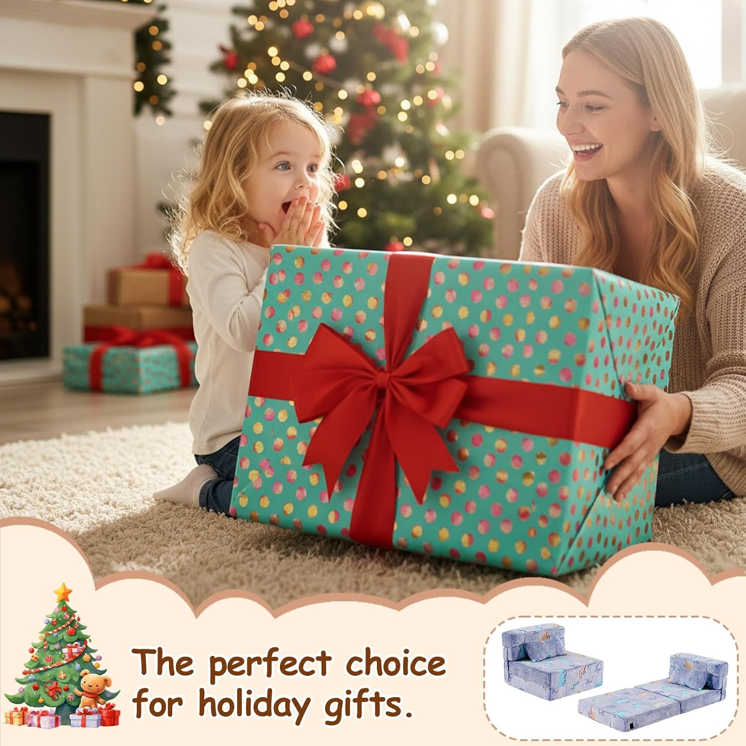 Smiling woman and child opening a large wrapped holiday gift by a decorated Christmas tree.