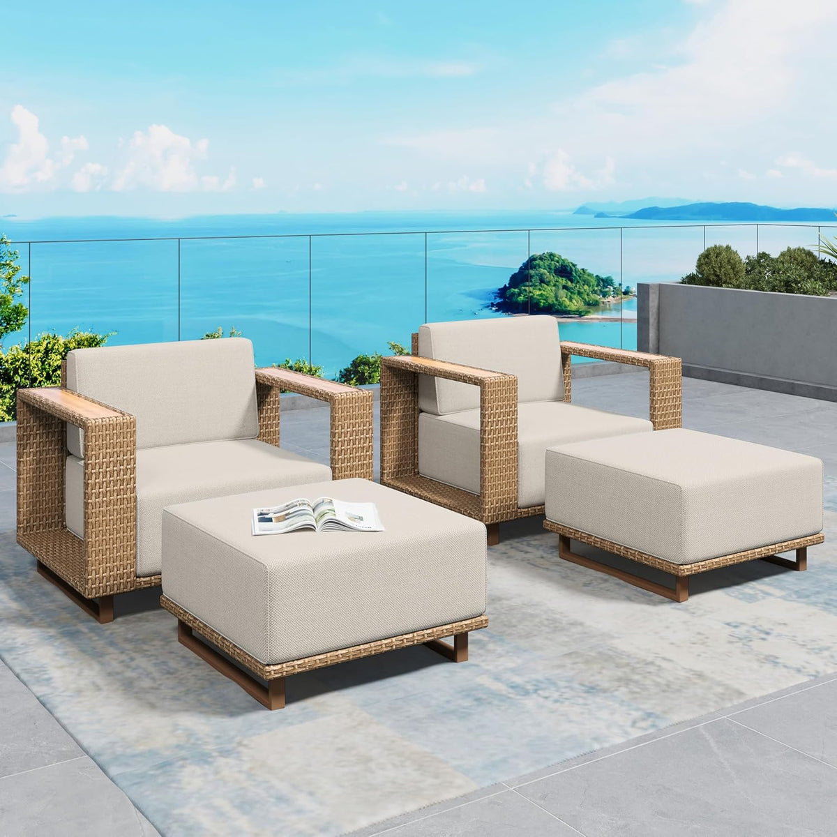 Two wicker armchairs with matching square ottomans and a low coffee ottoman on a rug