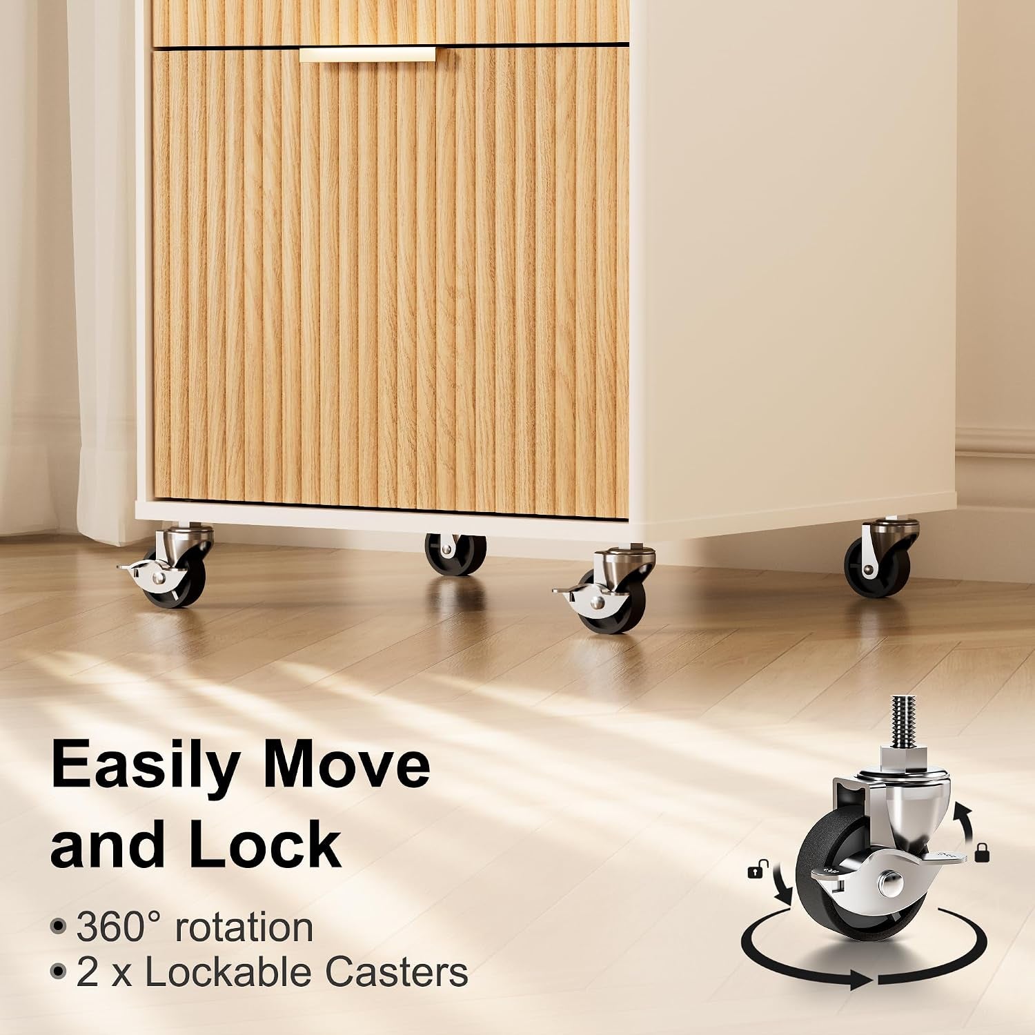 Close-up of the cabinet's four swivel casters on a hardwood floor with visible locking tabs on the wheels