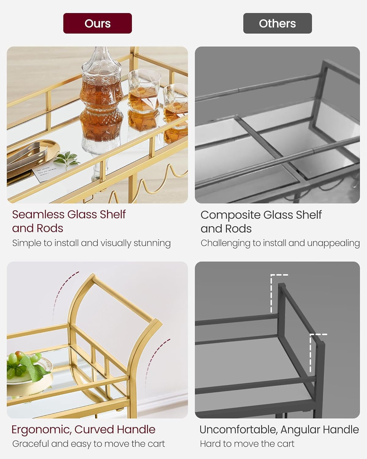 Four-panel comparison showing seamless mirrored shelf, curved handle, and contrasting 'other' designs