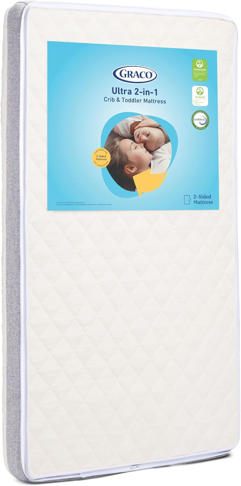 Tall mattress standing upright showing quilted white sleeping surface and a large blue product label near the top
