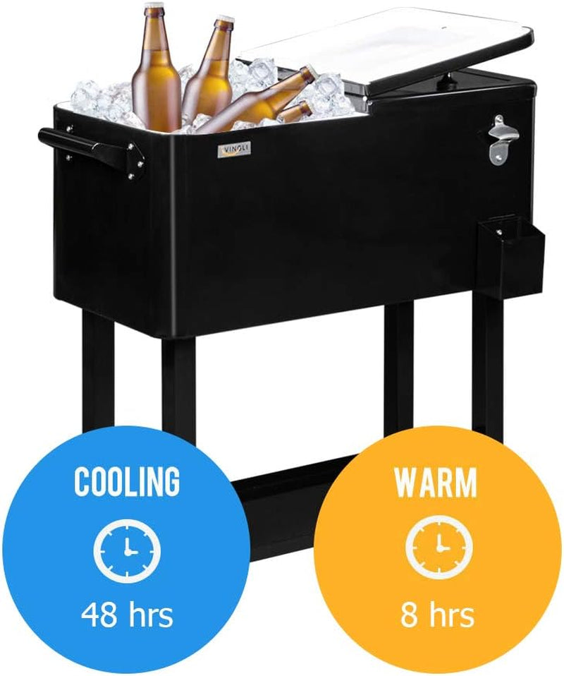 Black cooler cart shown open and filled with ice and beer bottles with two circular graphic icons overlapping the base.