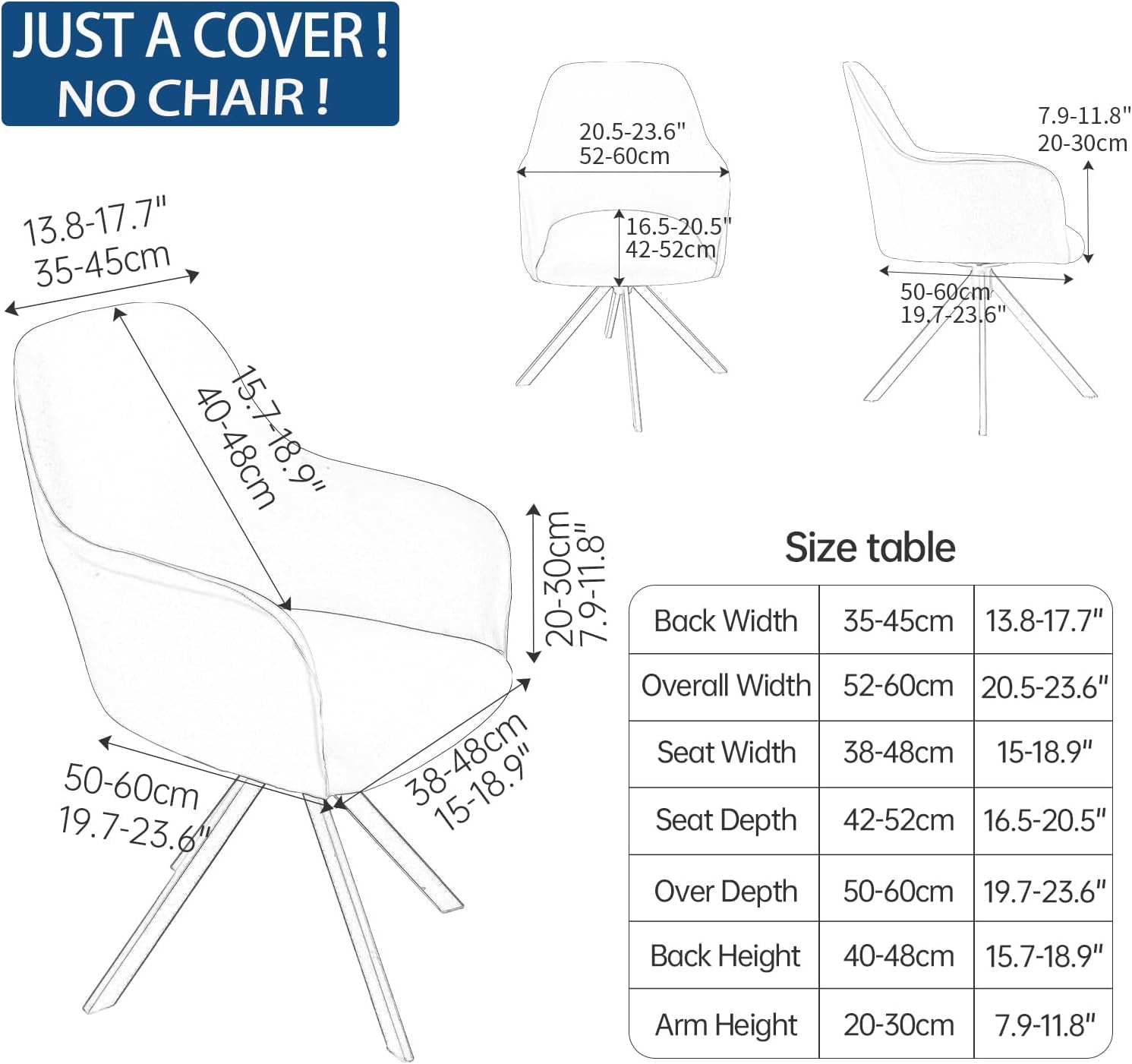 Black-and-white fit guide diagram showing measurements and labeled dimensions for a mid-back armchair slipcover