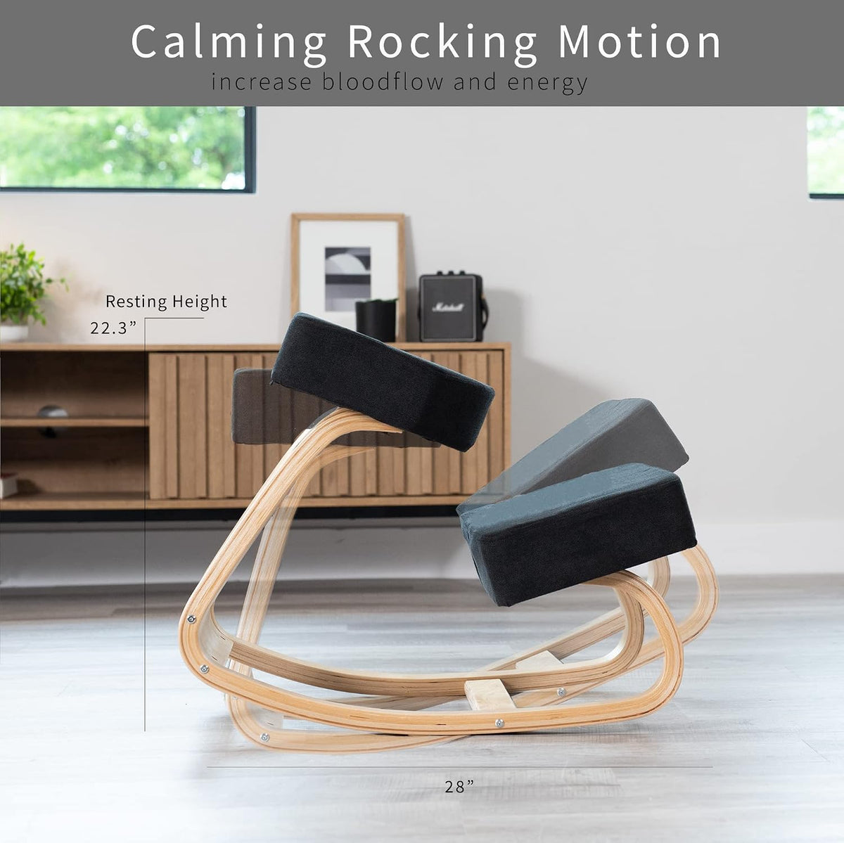 Side profile showing the chair's rocking motion with black cushions and light wood base in forward and back positions