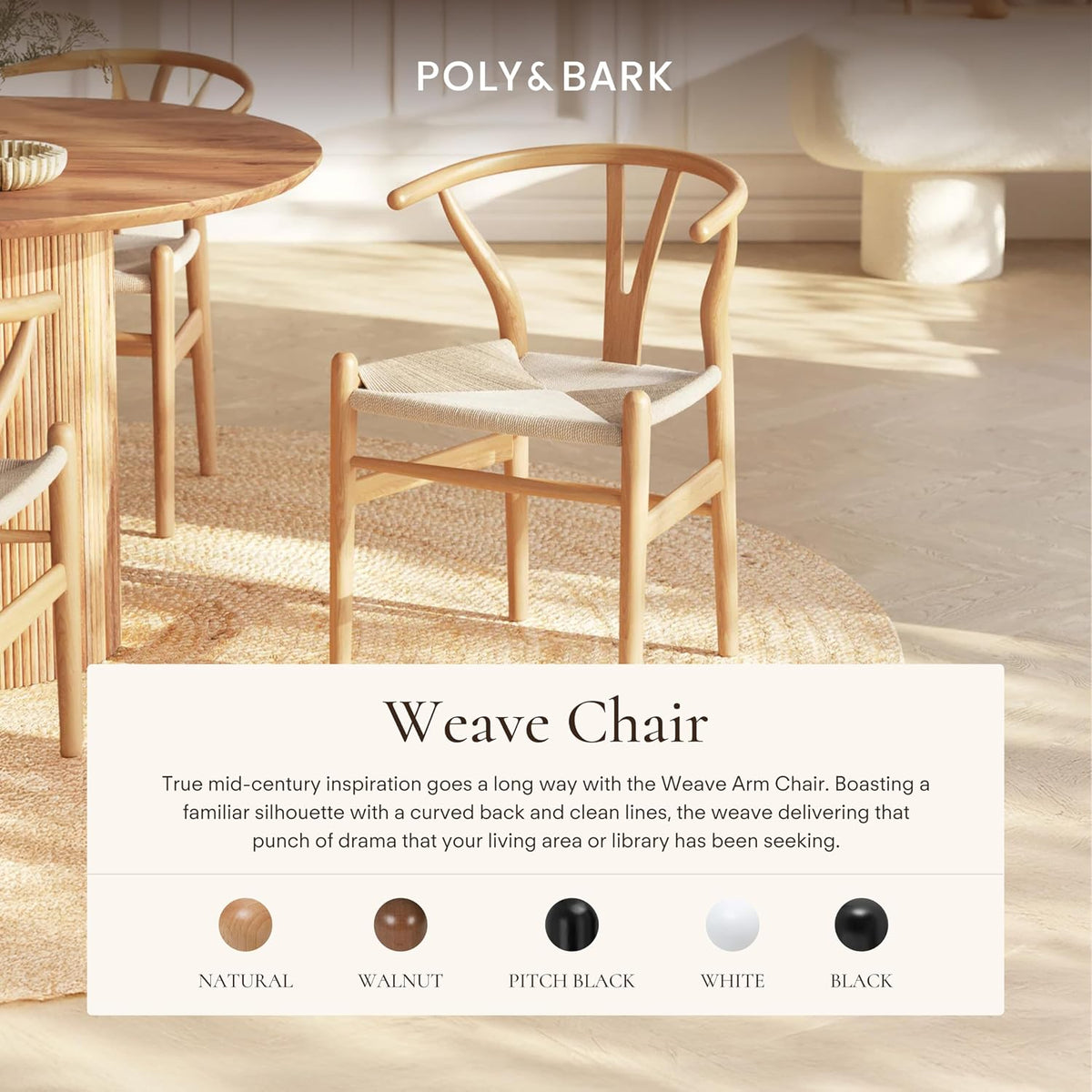 Oak weave dining chair in a sunlit dining room beside a round wooden table on a natural woven rug