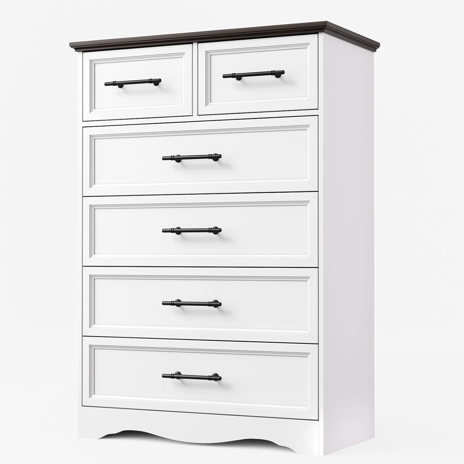 White tall chest shown front-left angle with six drawers and dark wood top