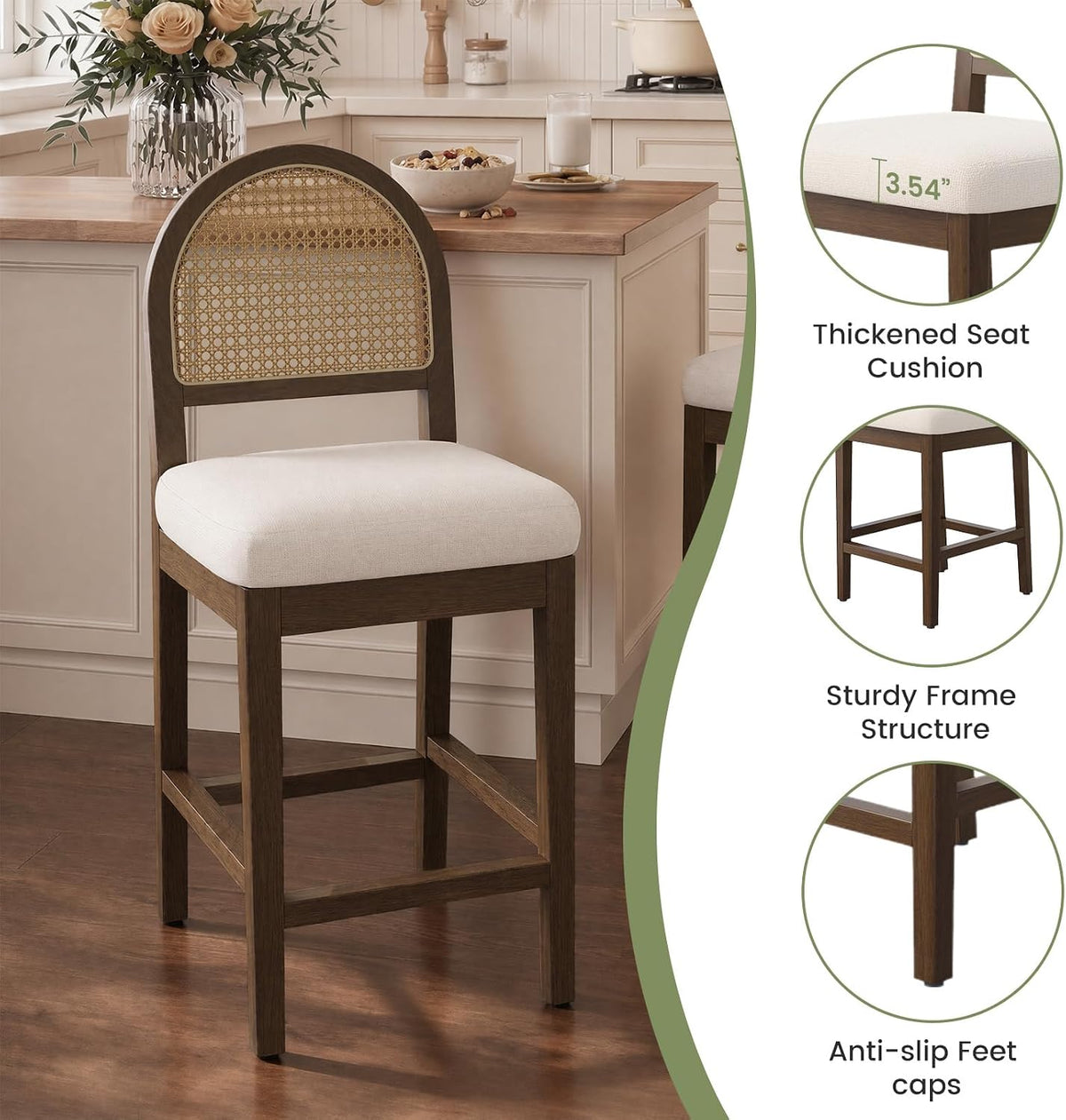 Single stool beside an island showing arched cane back and squared solid wood legs with white chenille seat