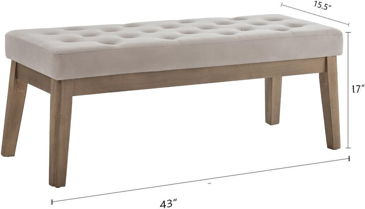 Light taupe tufted bench with wood legs and dimension annotations shown in front view