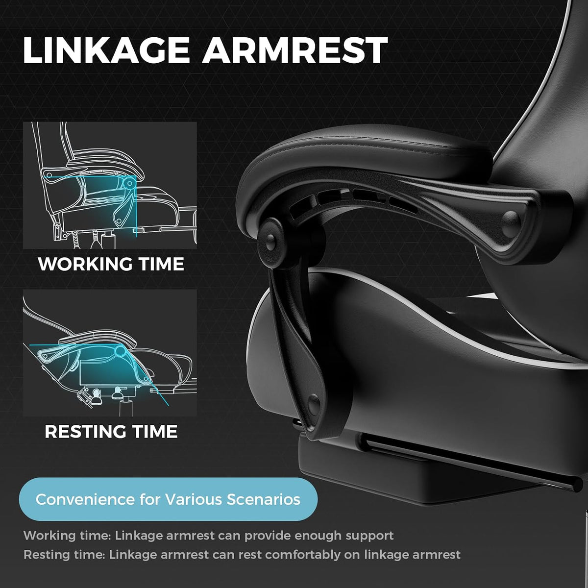 Close-up detail of the padded linkage armrest and footrest mechanism on the gaming chair against a dark background.