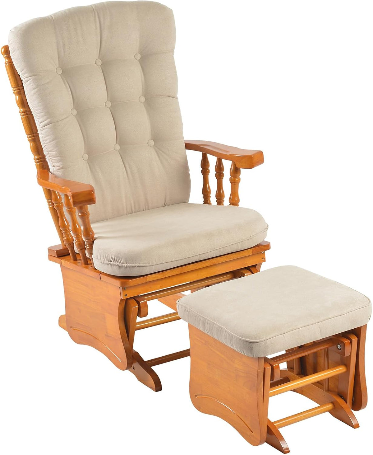 Light oak glider and ottoman upholstered in beige fabric, angled slightly to show arm and cushion.