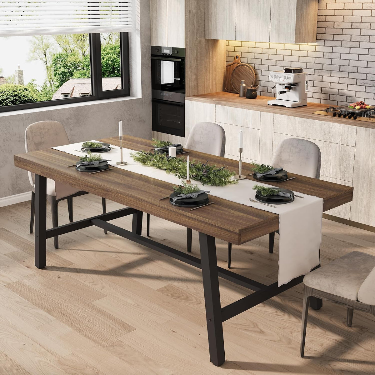 Brown laminate 71-inch dining table with black steel frame styled with runner and bench in a bright kitchen setting