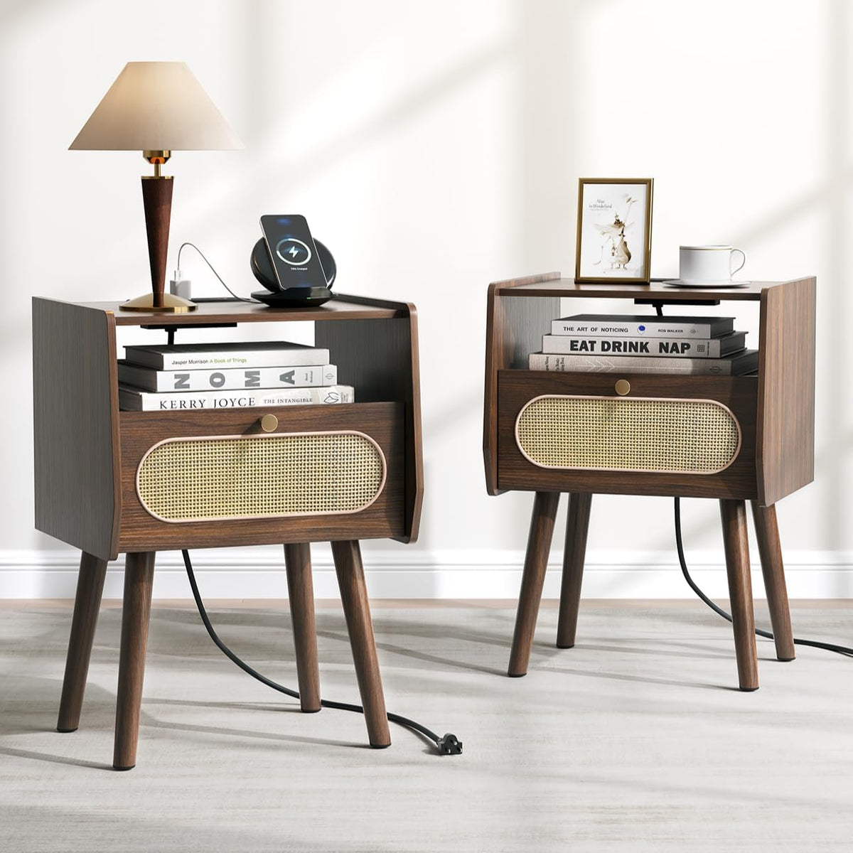 Pair of walnut-finish nightstands with cane-front drawer, top shelf with books and lamp