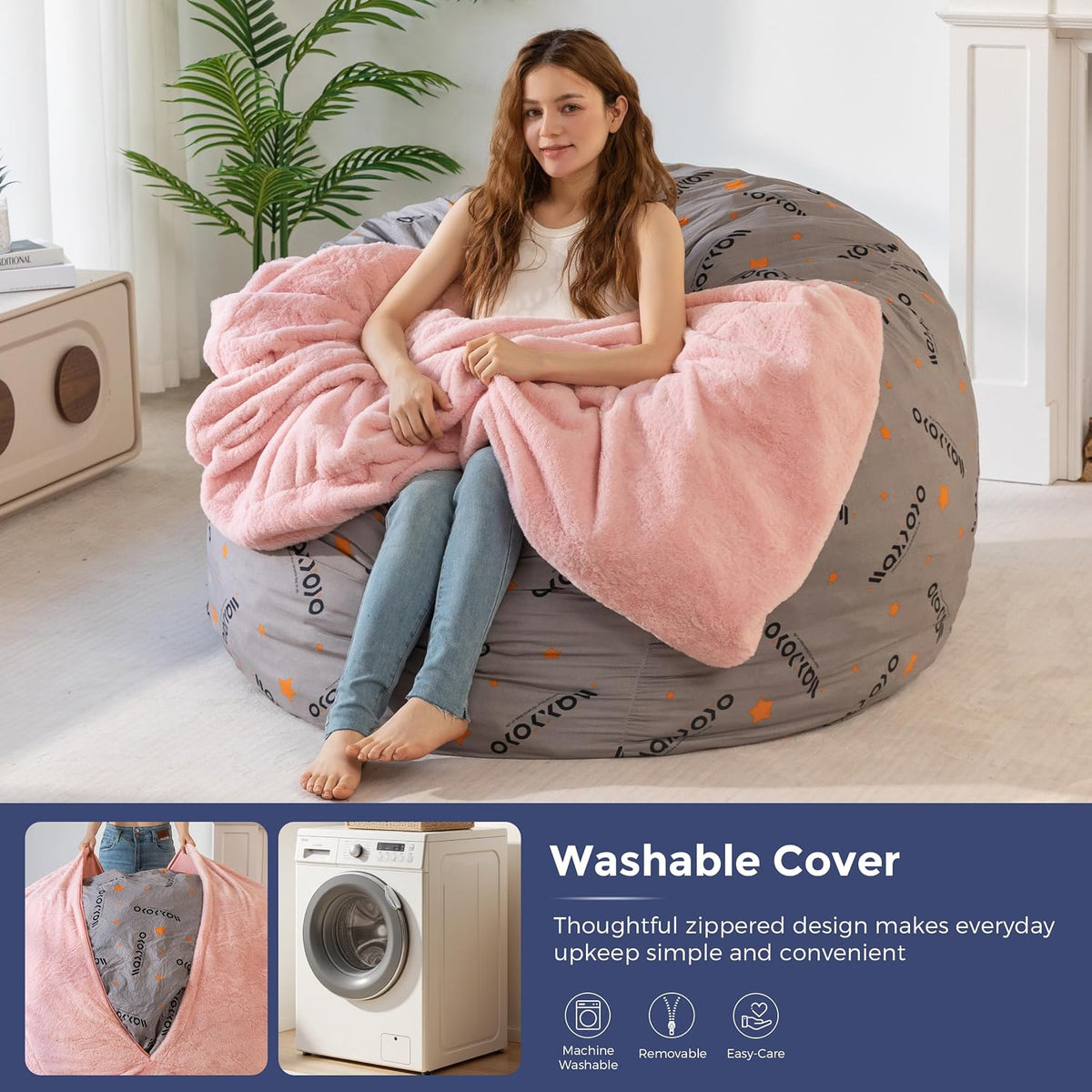 Pink faux-fur outer cover partially removed to reveal a grey printed inner liner while a person sits