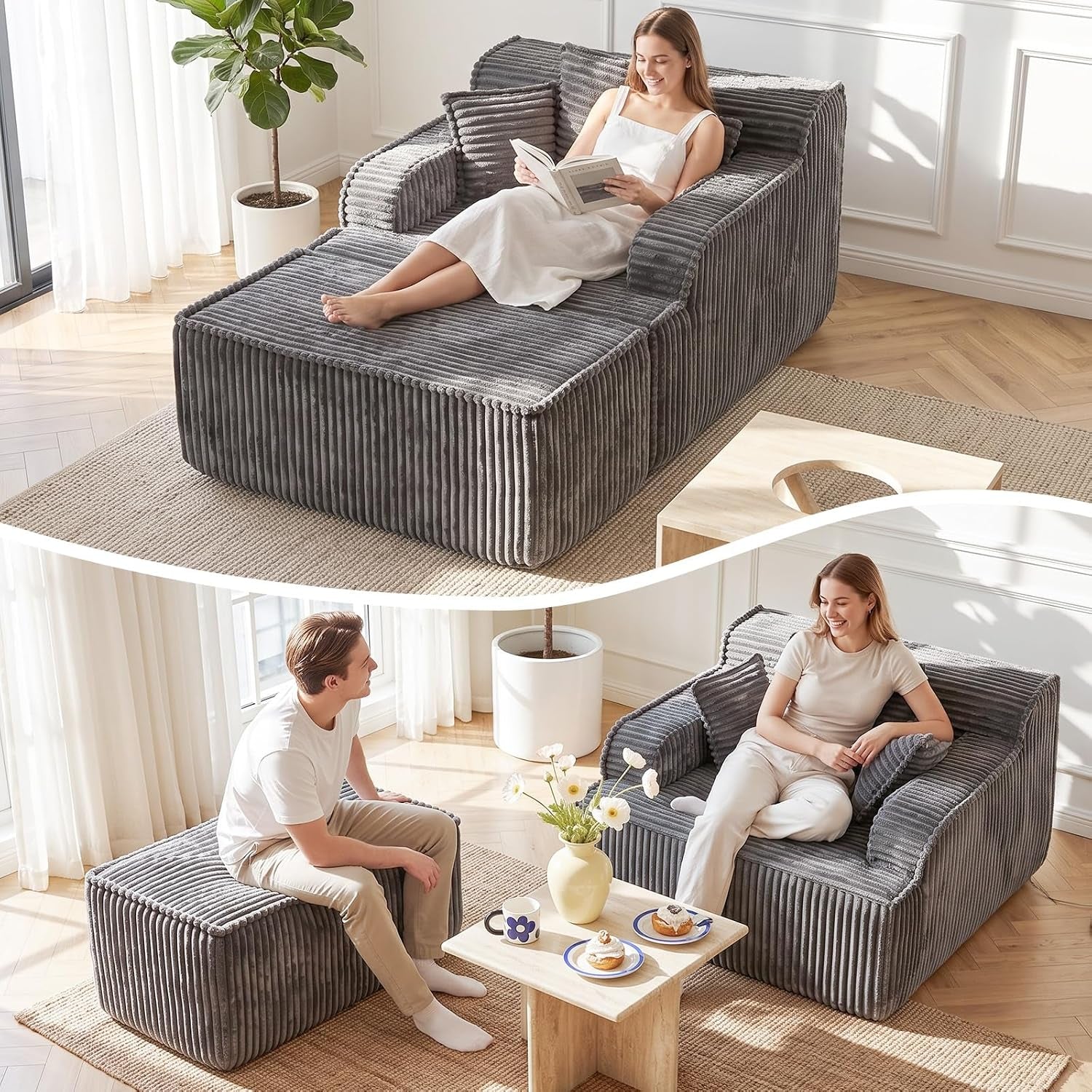 Top view of a woman reading on a chaise and below a couple sharing the lounge and ottoman