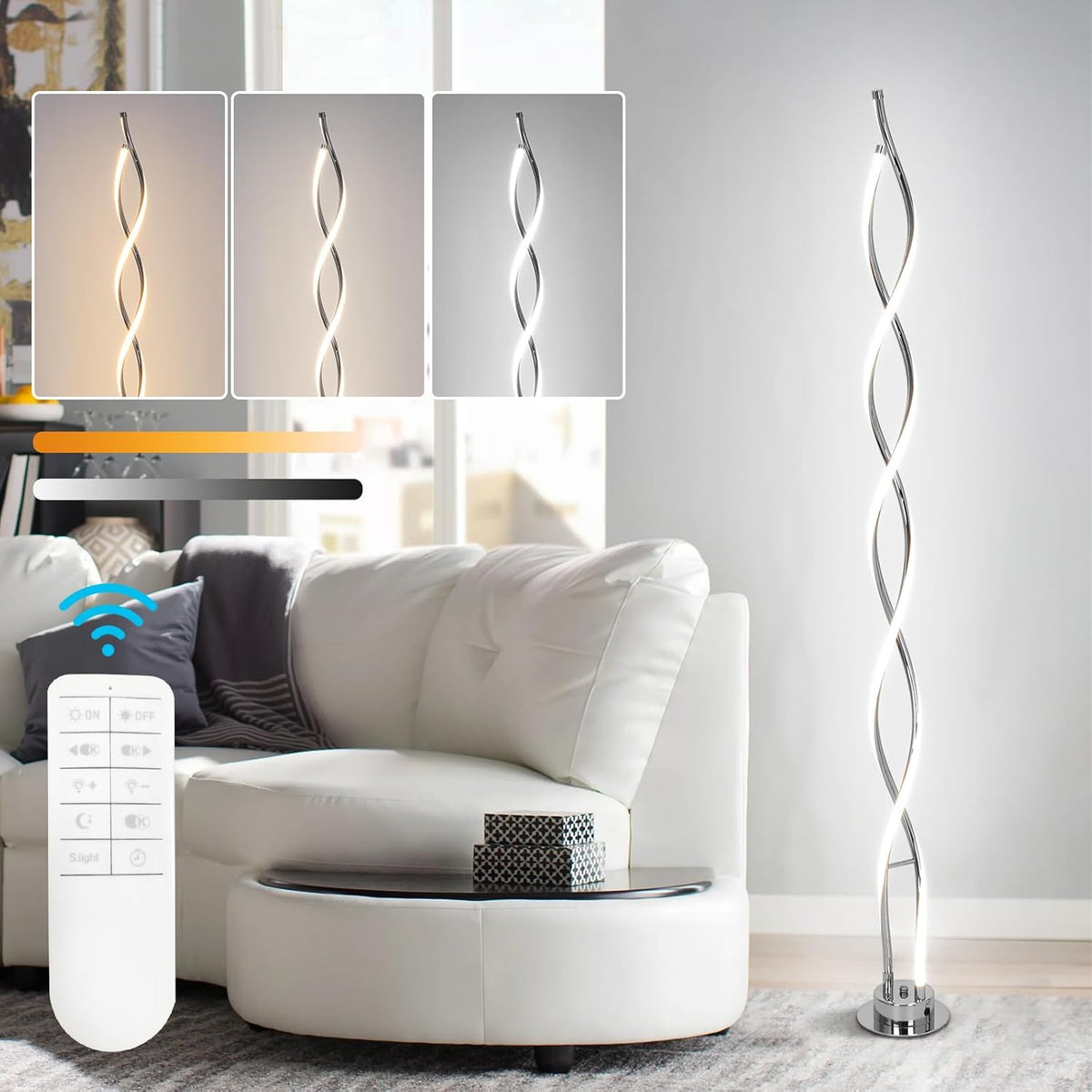 Silver spiral LED floor lamp lit beside a white sofa with a remote control and color temperature thumbnails