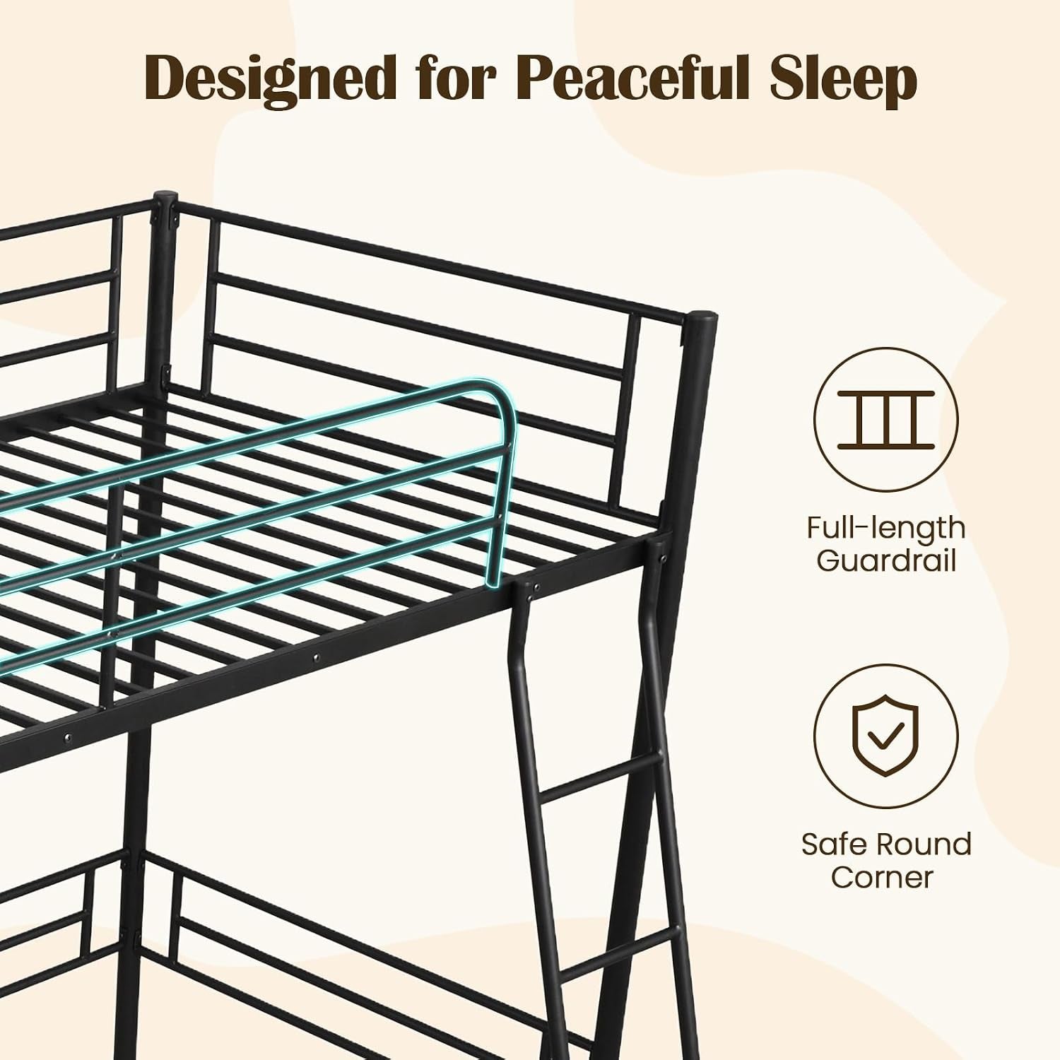 Close-up of the black metal loft bed's top platform showing full-length guardrail and angled ladder.
