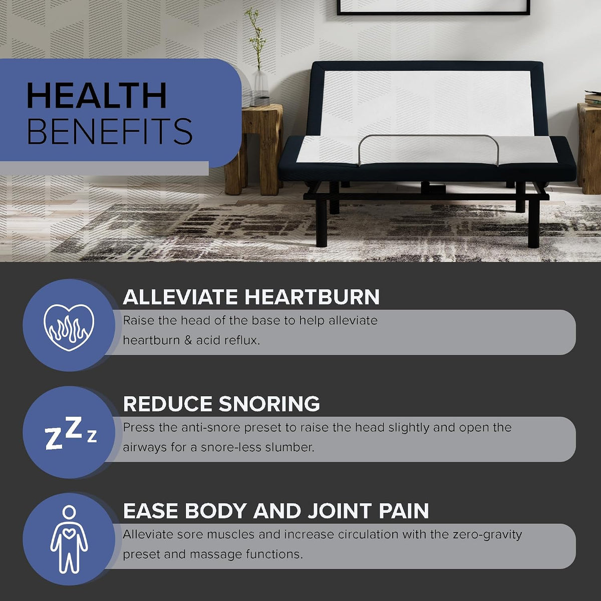 Graphic panel showing adjustable base with icons for heartburn relief, reduced snoring, and pain relief benefits