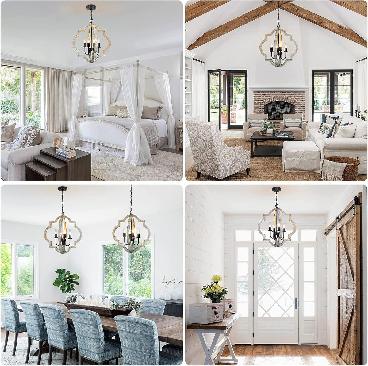 Chandelier shown in bedroom and living room settings illustrating versatile hanging locations