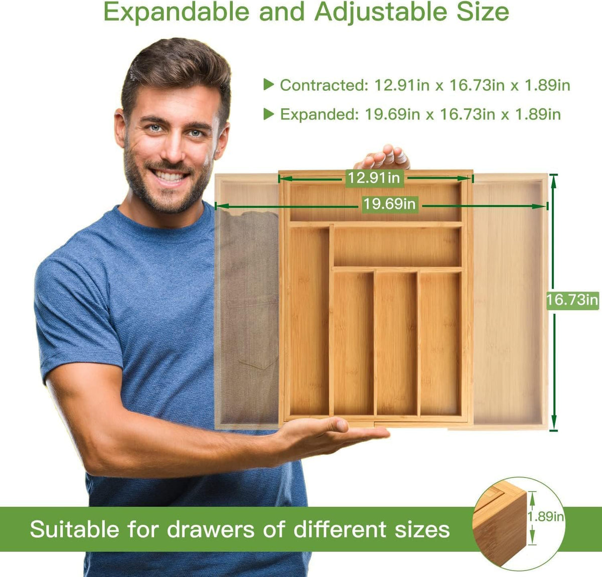 Person holding the organizer showing contracted and expanded width callouts and overall height measurement.
